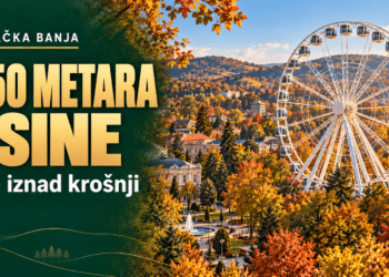 Ilustracija panoramskog točka u Vrnjačkoj Banji u jesenjem ambijentu.