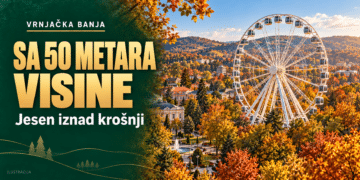 Ilustracija panoramskog točka u Vrnjačkoj Banji u jesenjem ambijentu.