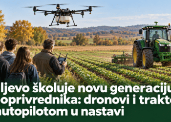 Ilustracija učenika koji posmatraju poljoprivredni dron i traktor sa sistemom automatskog navođenja na njivi.