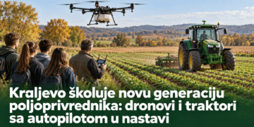 Ilustracija učenika koji posmatraju poljoprivredni dron i traktor sa sistemom automatskog navođenja na njivi.