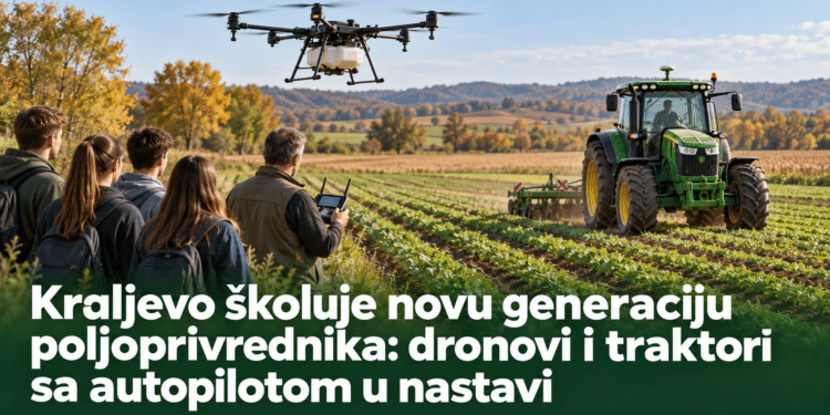 Ilustracija učenika koji posmatraju poljoprivredni dron i traktor sa sistemom automatskog navođenja na njivi.