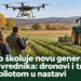 Ilustracija učenika koji posmatraju poljoprivredni dron i traktor sa sistemom automatskog navođenja na njivi.
