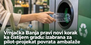 Ilustracija povrata PET boce u automat za prikupljanje ambalaže, uz torbu sa praznim bocama i limenkama.